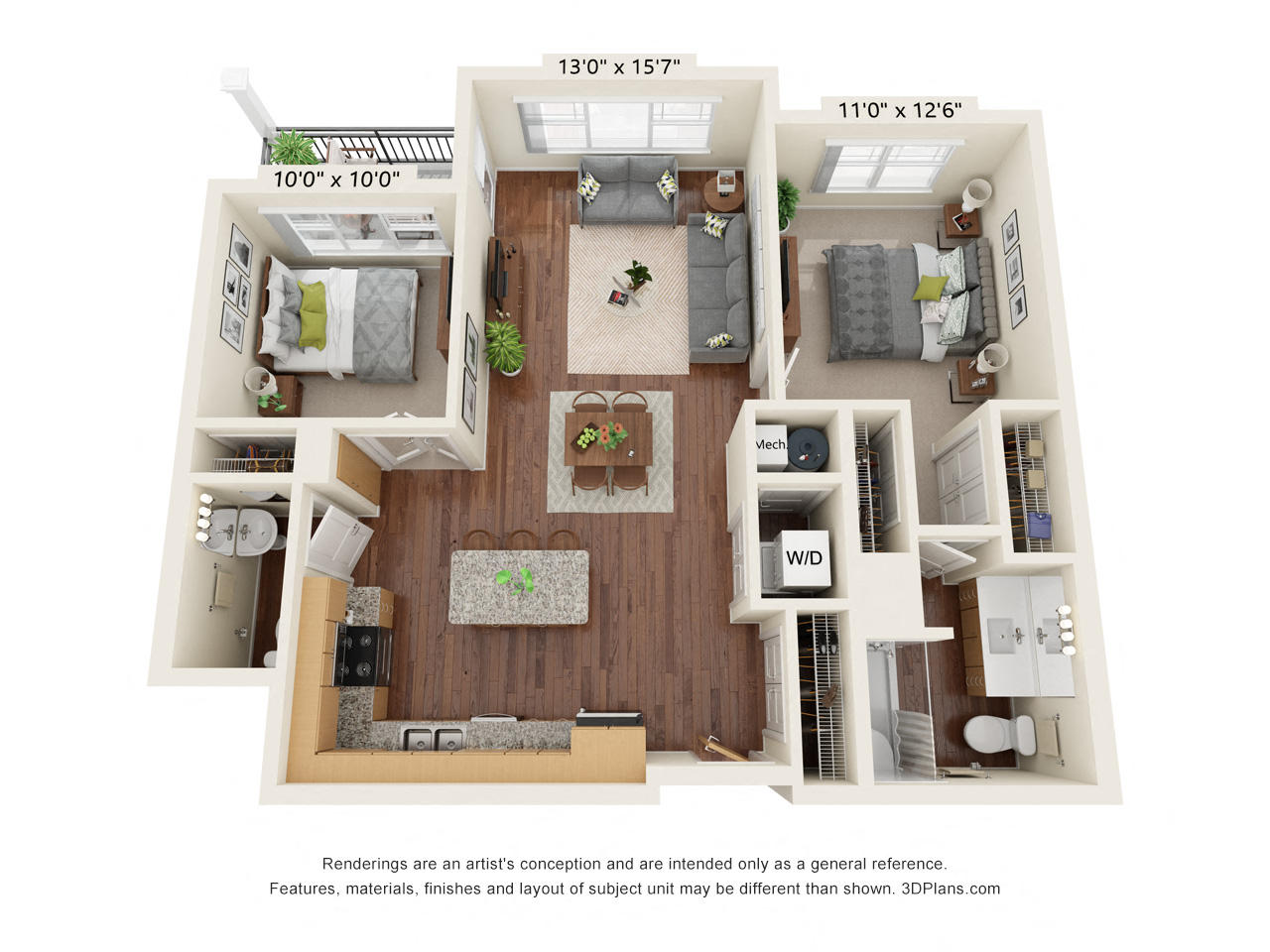 Floor plan for 2 beds, 1.5 baths, 916 sqft